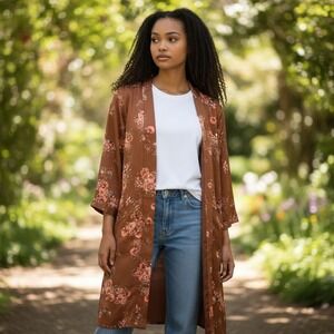 DR2‎ Women's Brown Floral Print Kimono Duster Cardigan Open Front Draped Size L